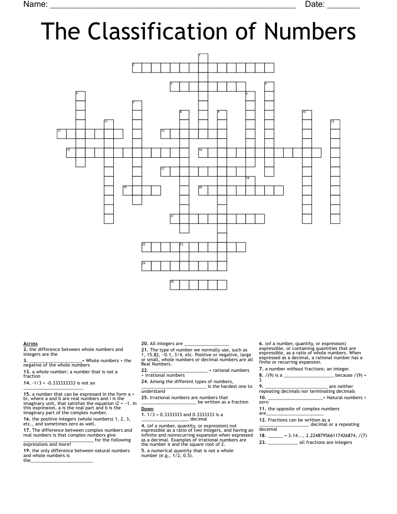 The Classification of Numbers Crossword