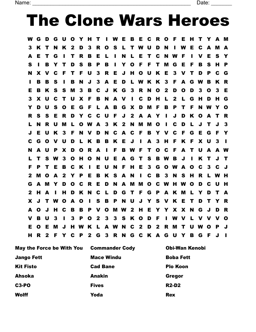 The Clone Wars Heroes Word Search
