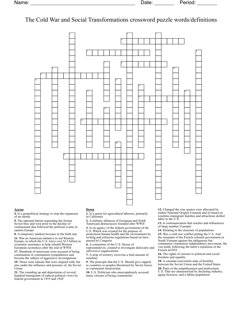 The Cold War and Social Transformations crossword puzzle words/definitions