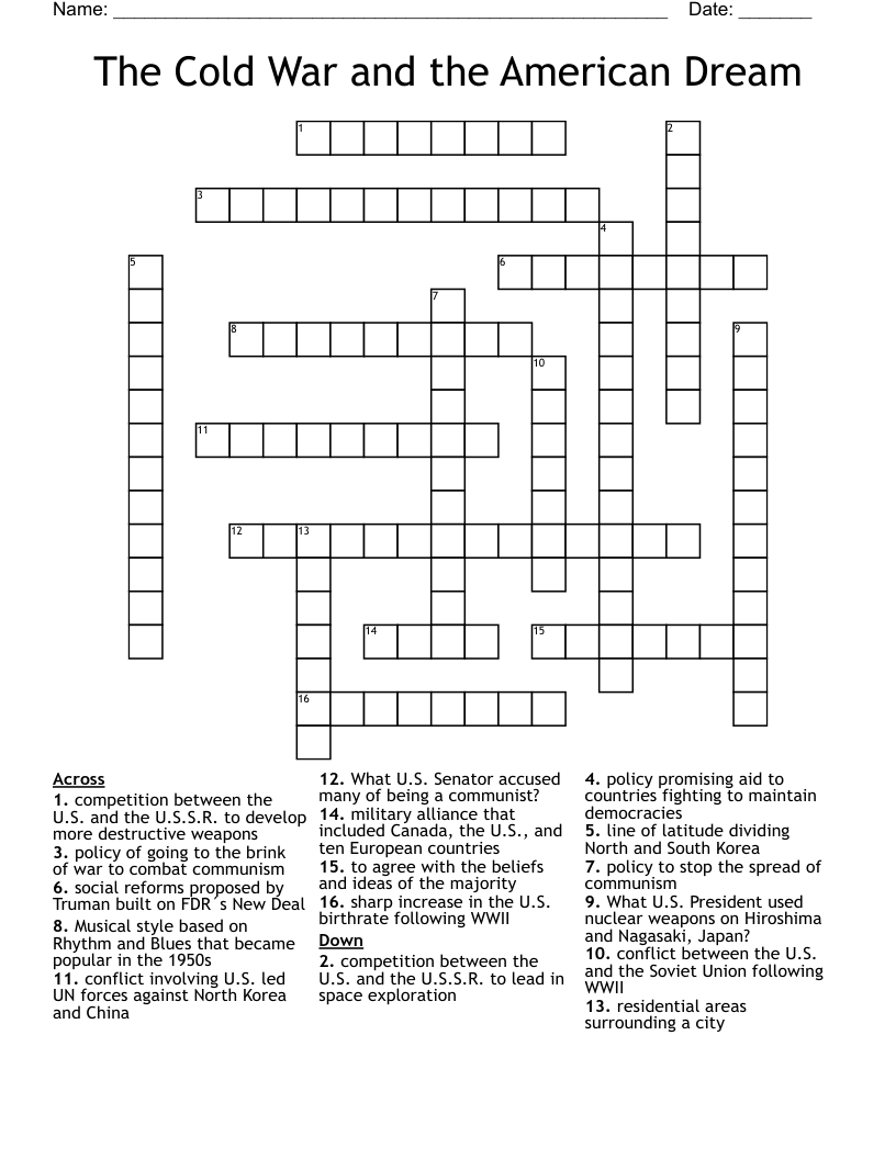 The Cold War and the American Dream Crossword