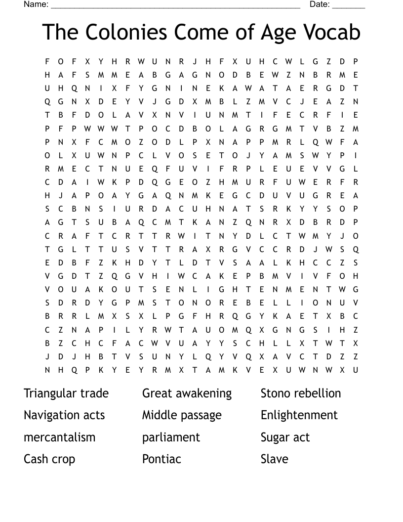 The Colonies Come of Age Vocab Word Search