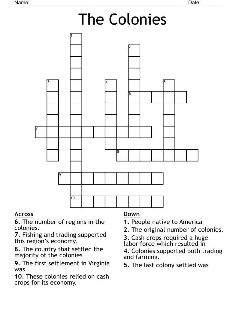 The Colonies  Crossword