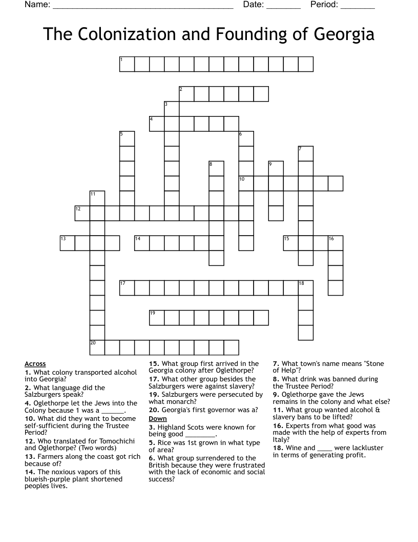 The Colonization and Founding of Georgia Crossword