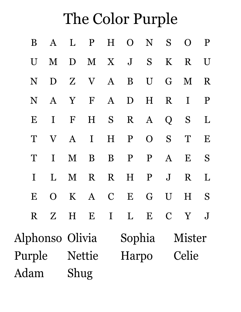 The Color Purple Word Search