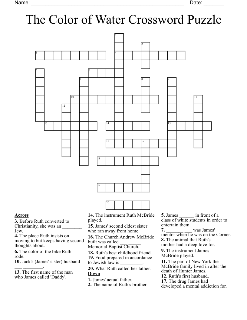 The Color of Water Crossword Puzzle