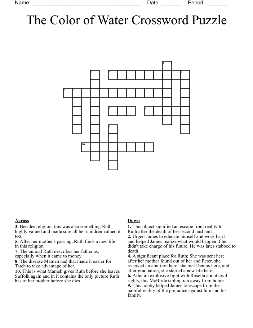 The Color of Water Crossword Puzzle