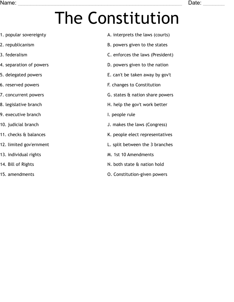 The Constitution Worksheet