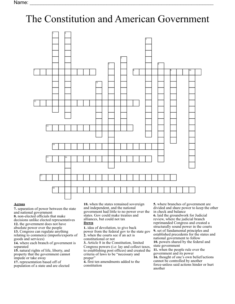 The Constitution and American Government  Crossword