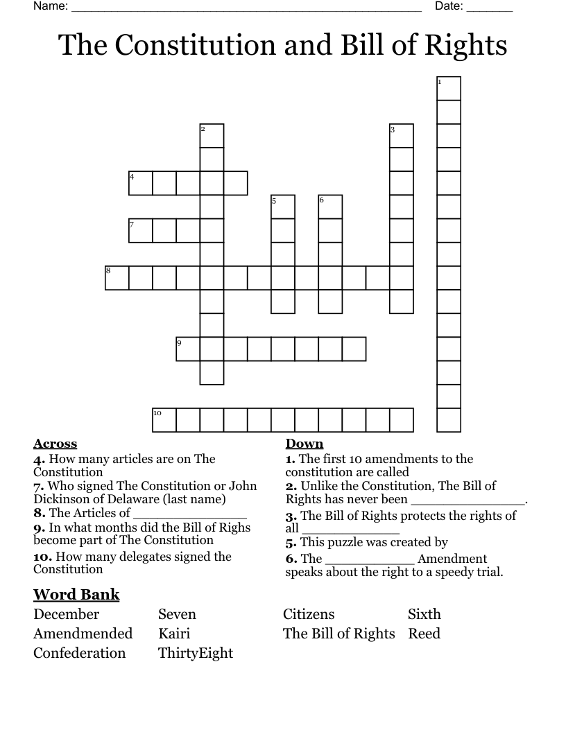 The Constitution and Bill of Rights Crossword
