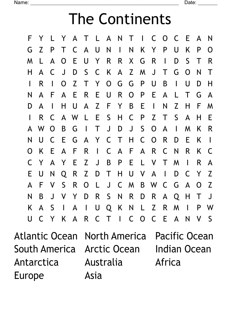 The Continents  Word Search