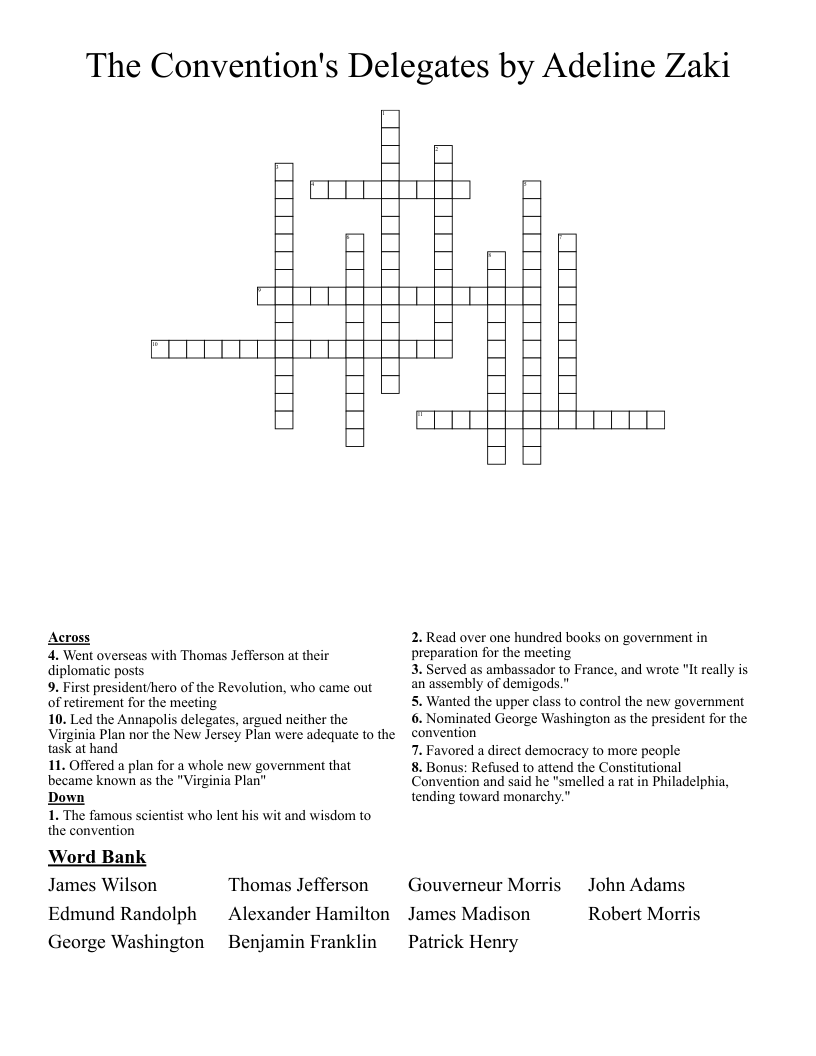 The Convention's Delegates by Adeline Zaki Crossword