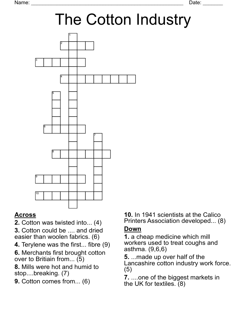The Cotton Industry  Crossword