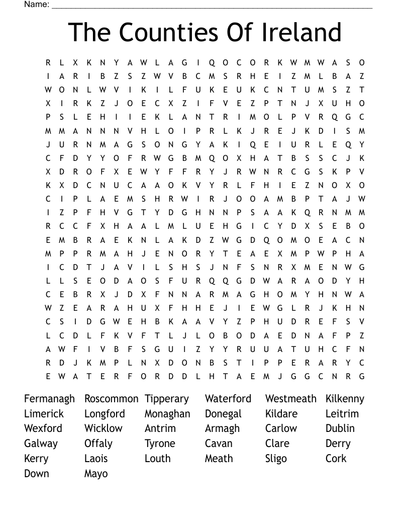 The Counties Of Ireland Word Search