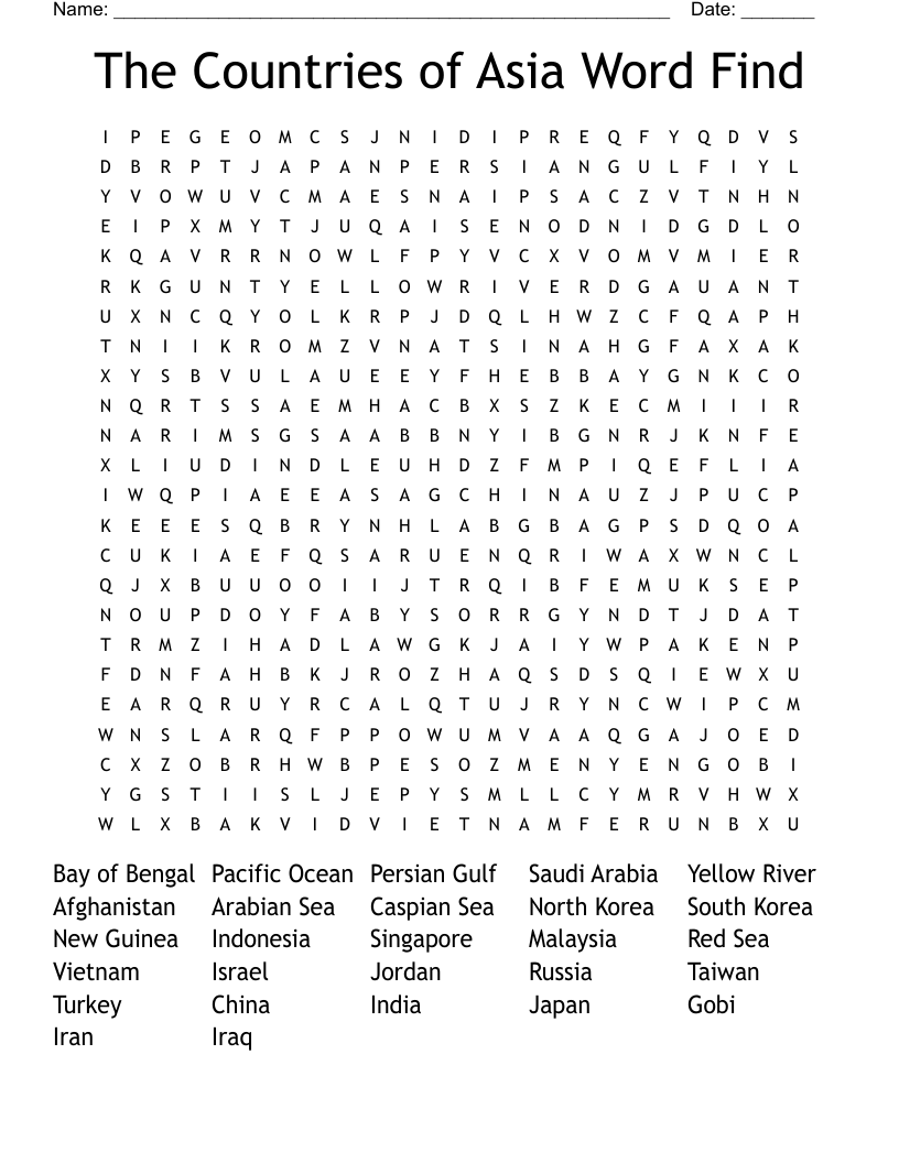 The Countries of Asia Word Find Word Search