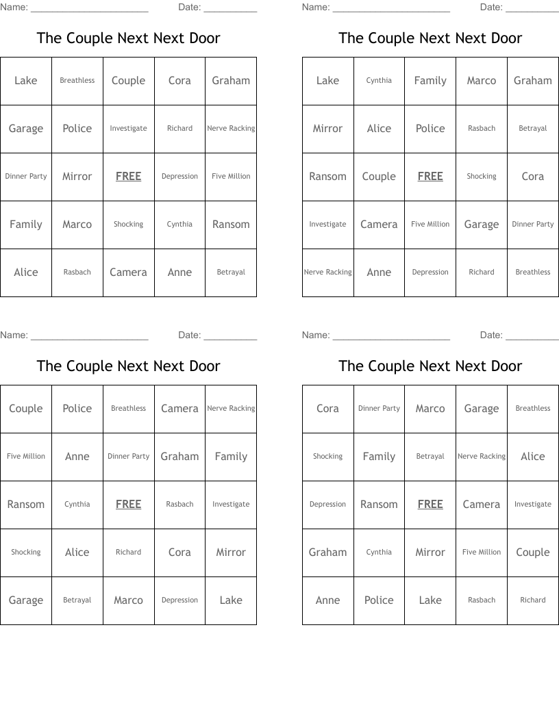 The Couple Next Next Door Bingo Cards