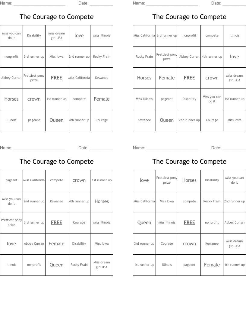 The Courage to Compete Bingo Cards