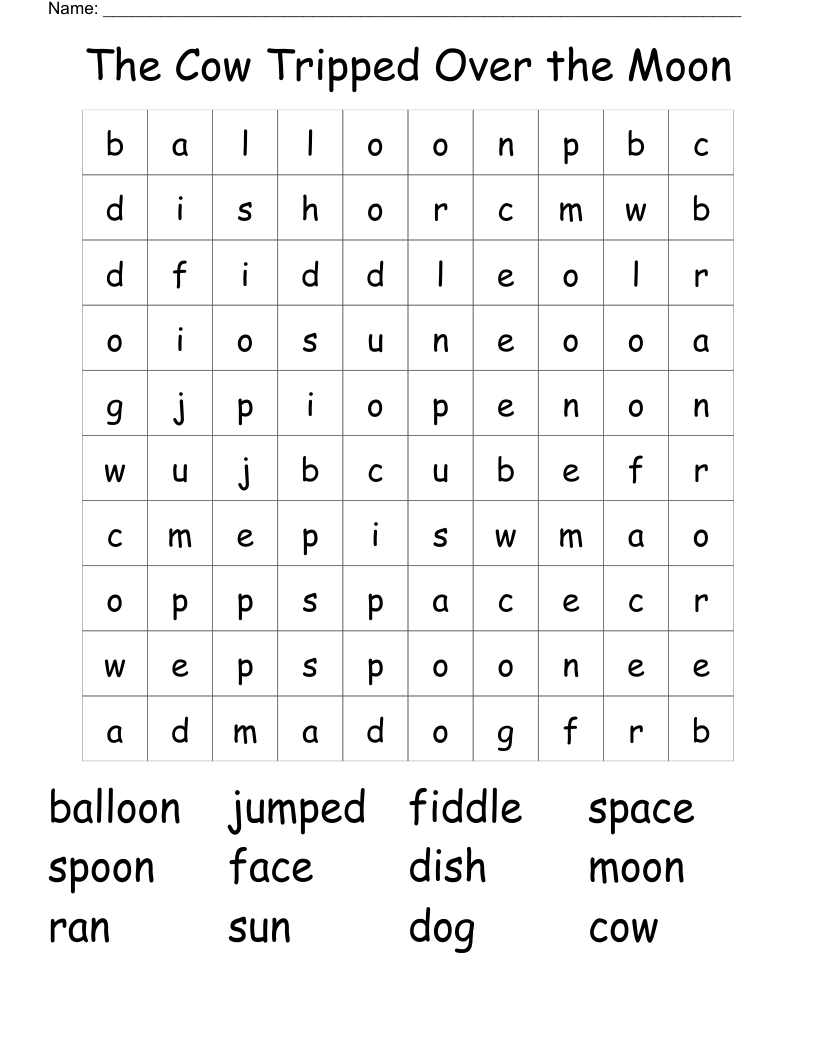 The Cow Tripped Over the Moon Word Search