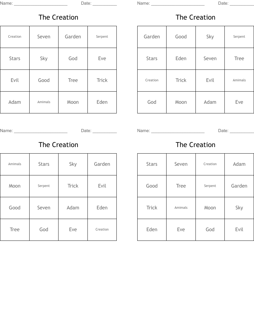 The Creation Bingo Cards