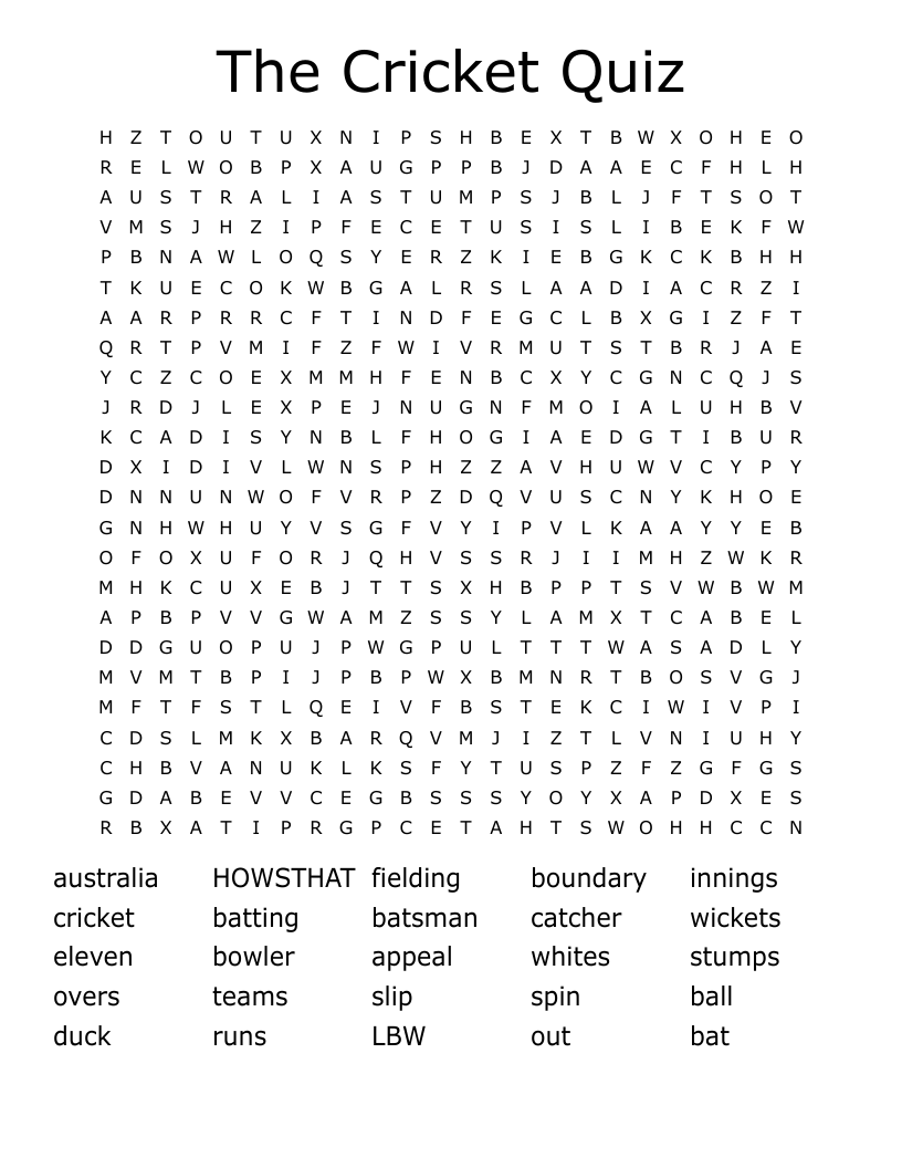 The Cricket Quiz Word Search