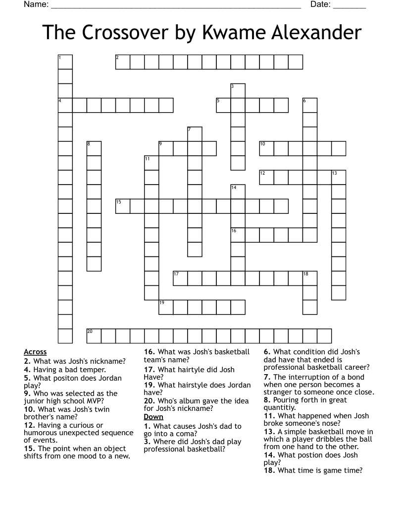 The Crossover by Kwame Alexander Crossword