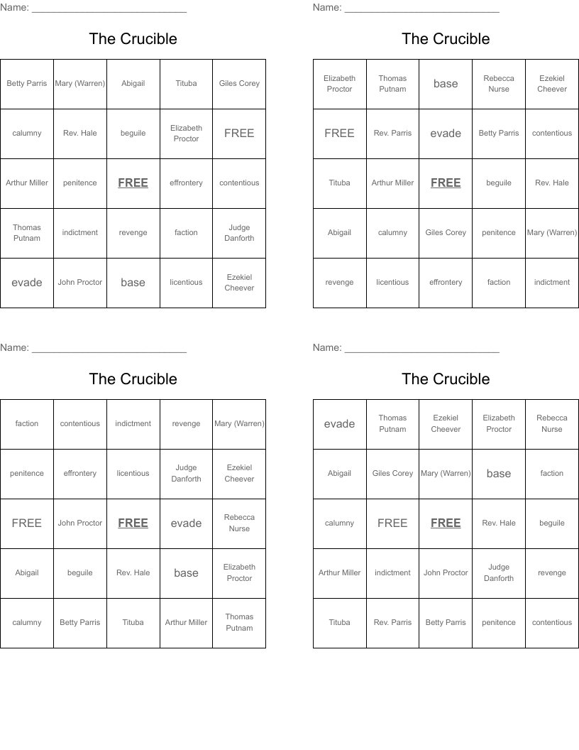 The Crucible Bingo Cards