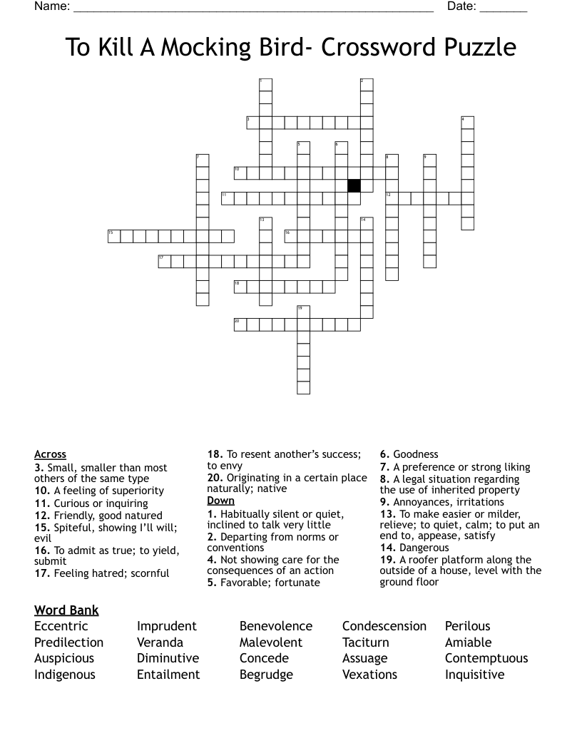 To Kill A Mocking Bird- Crossword Puzzle 