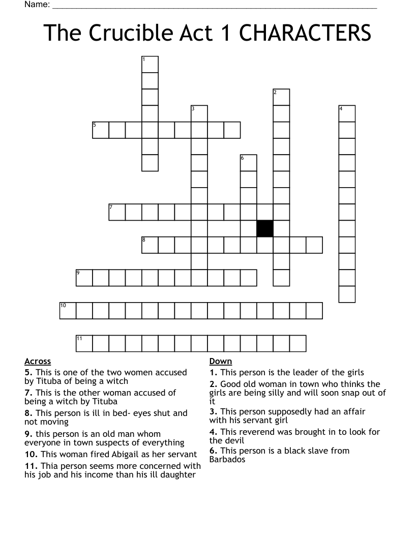 The Crucible Act 1 CHARACTERS Crossword