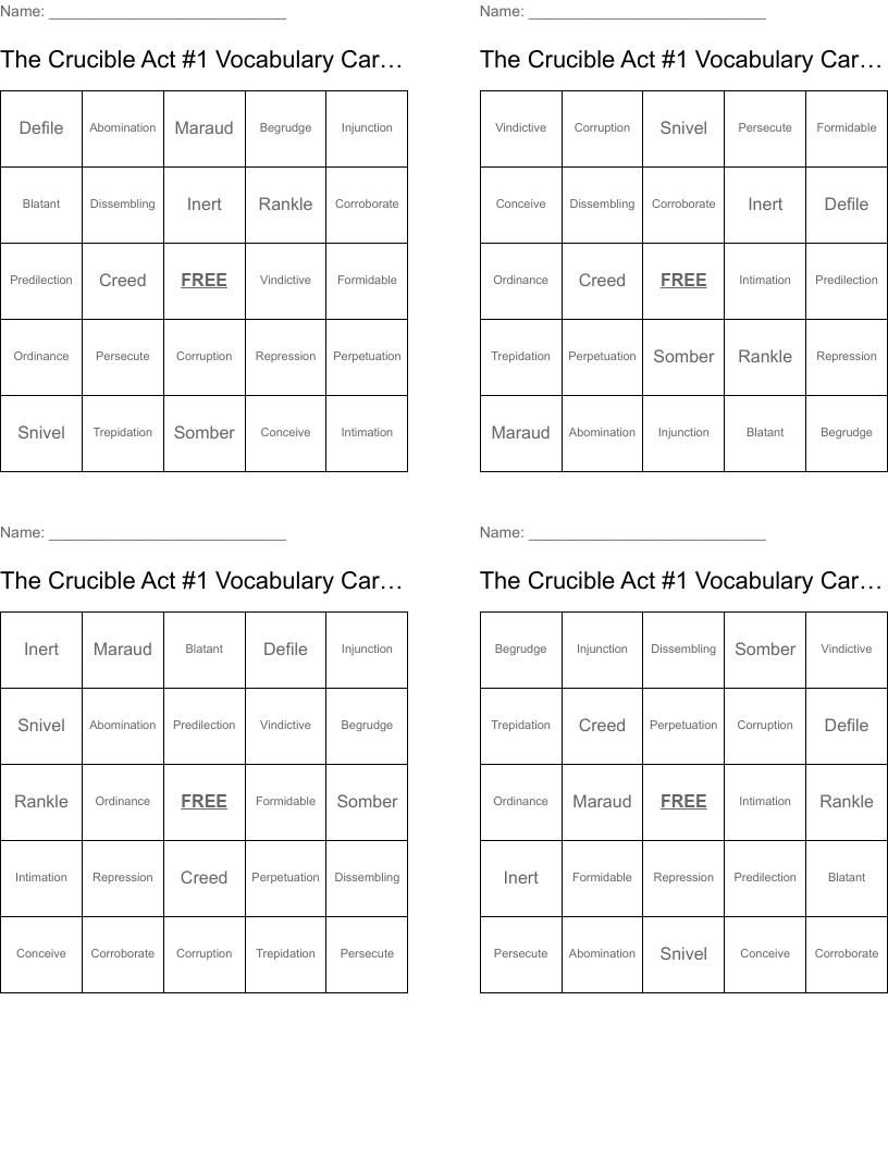The Crucible Act #1 Vocabulary Card #1 Bingo Cards
