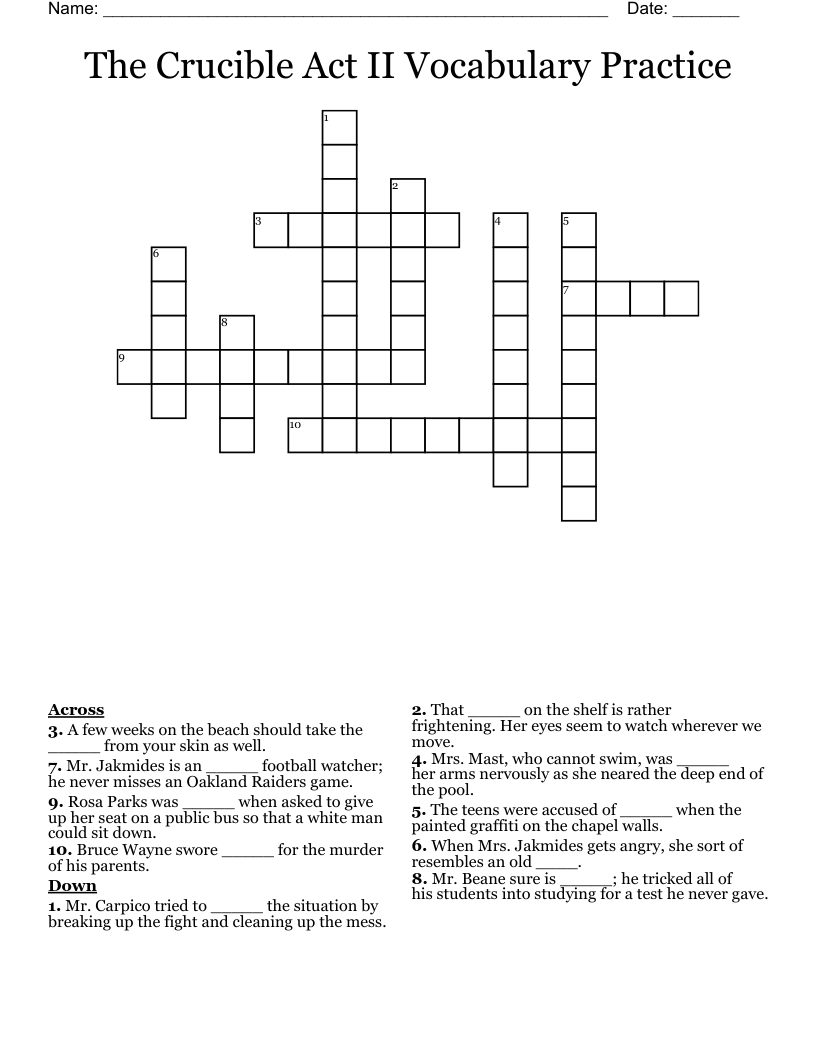 The Crucible Act II Vocabulary Practice Crossword