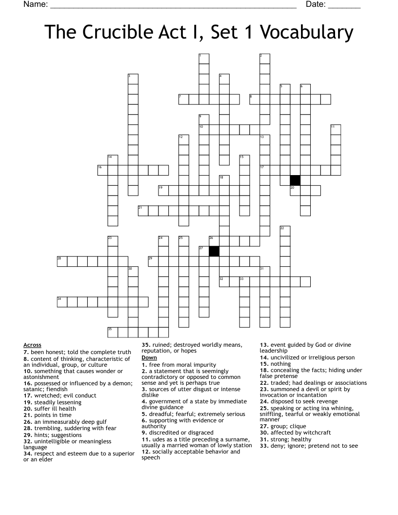 The Crucible Act I, Set 1 Vocabulary  Crossword