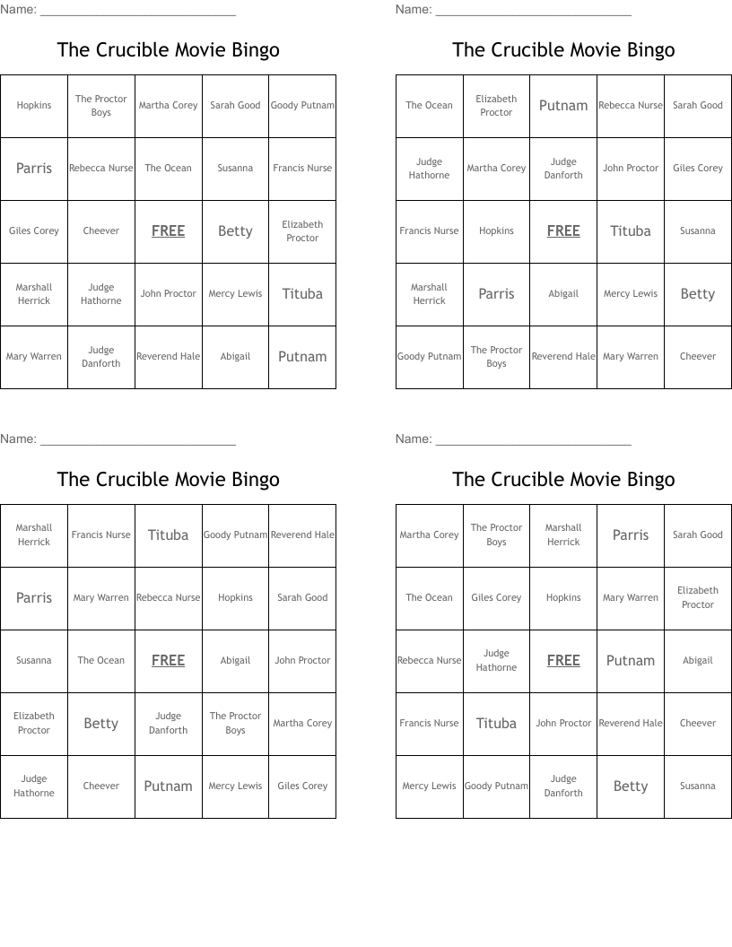 The Crucible Movie Bingo