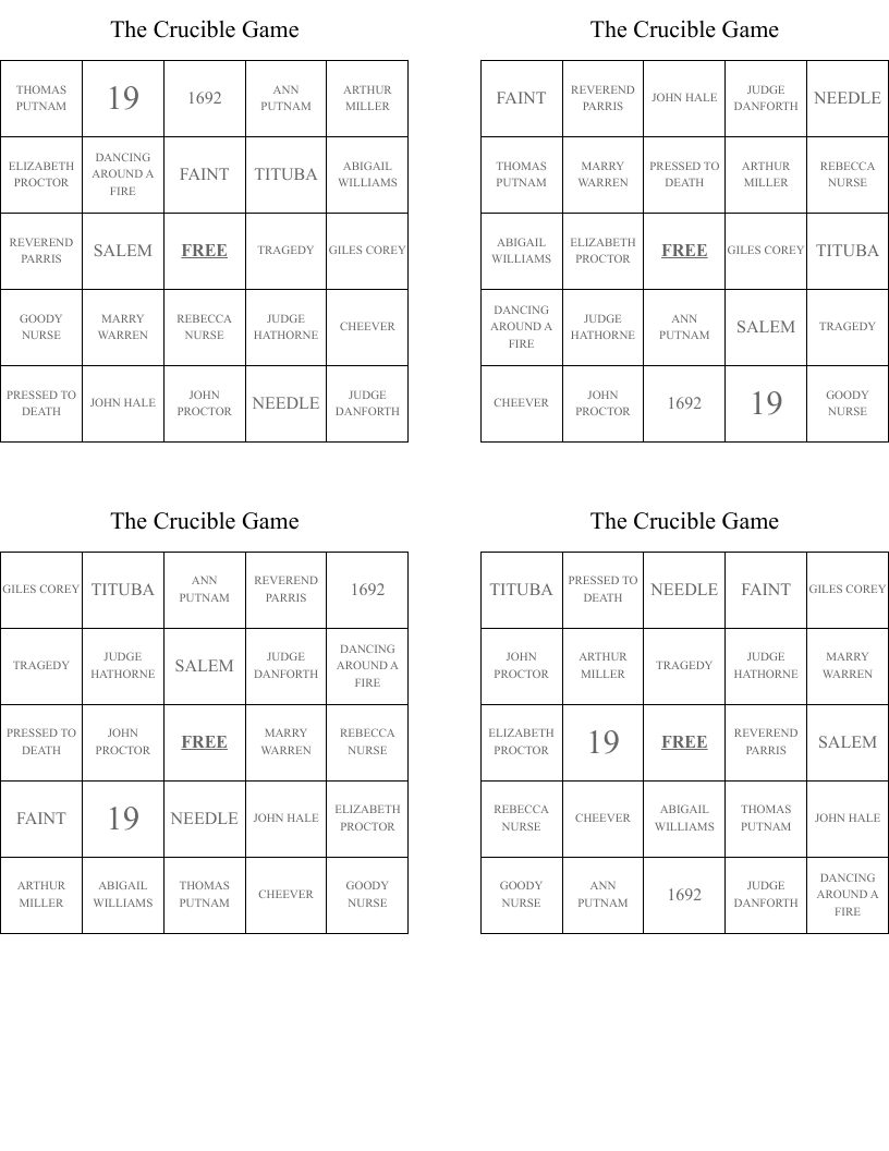The Crucible  Game Bingo Cards