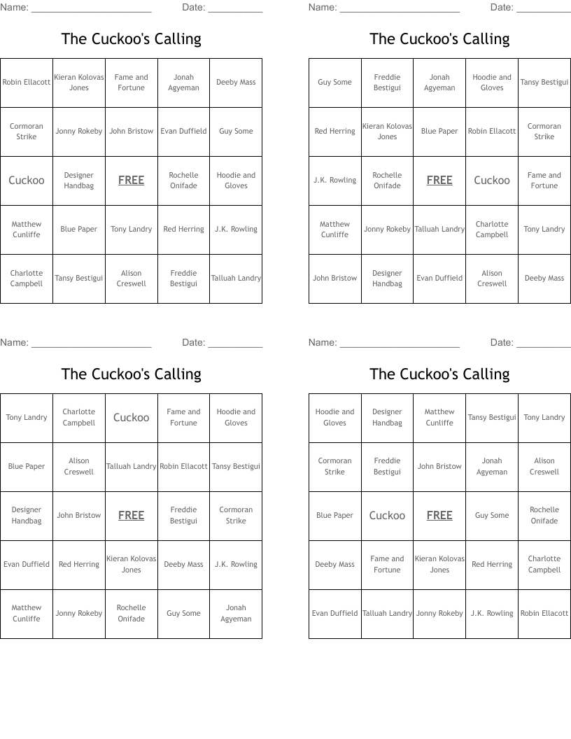 The Cuckoo's Calling Bingo Cards