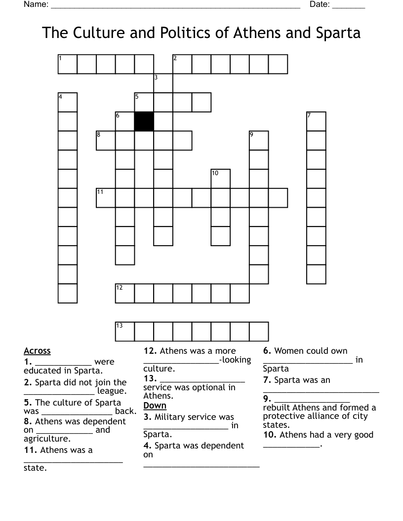 The Culture and Politics of Athens and Sparta Crossword