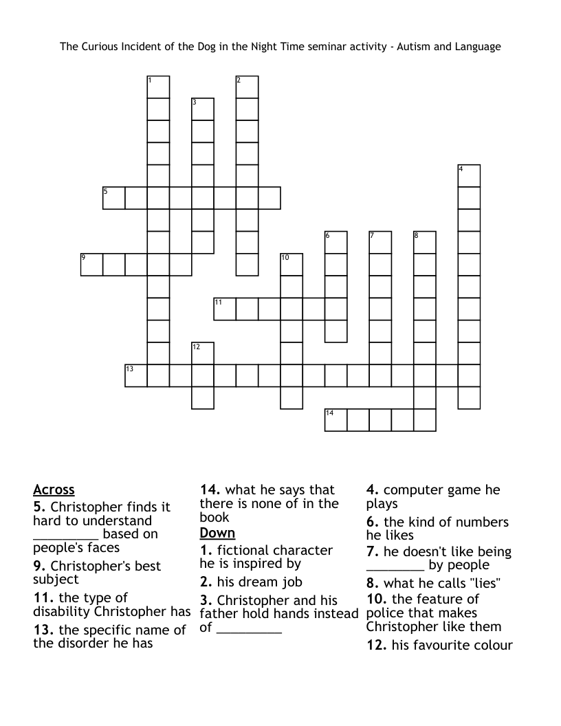 The Curious Incident of the Dog in the Night Time  seminar activity - Autism and Language Crossword