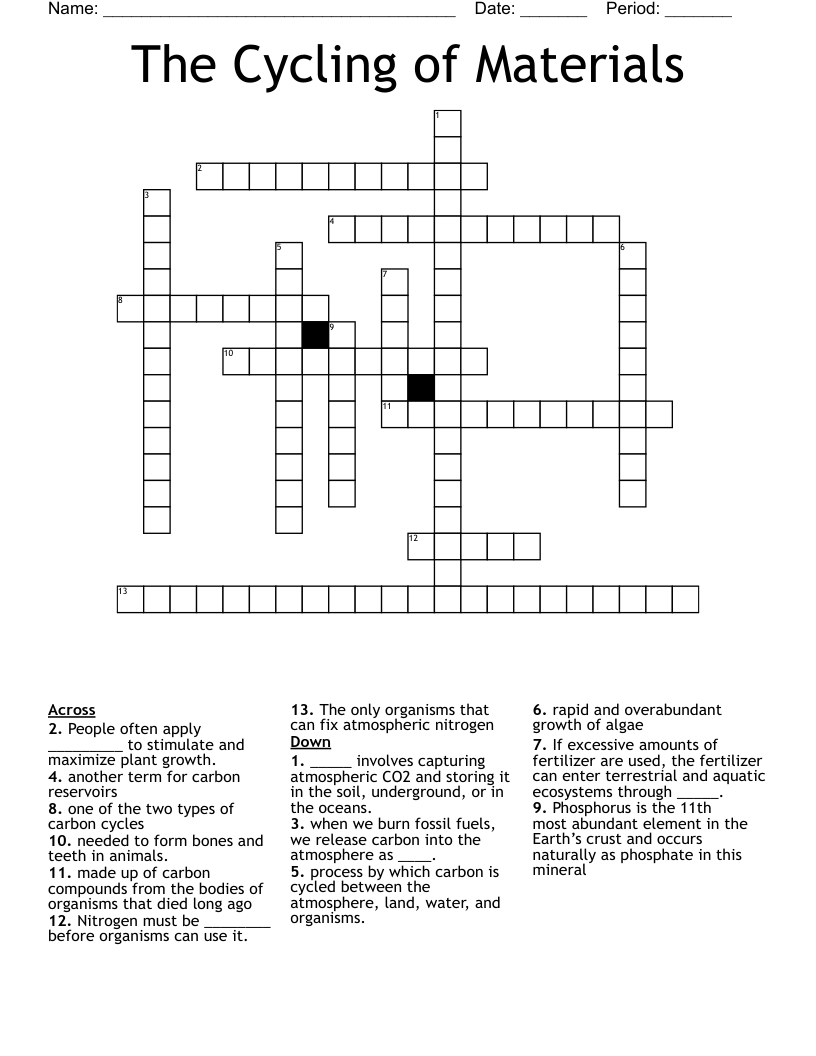 The Cycling of Materials Crossword
