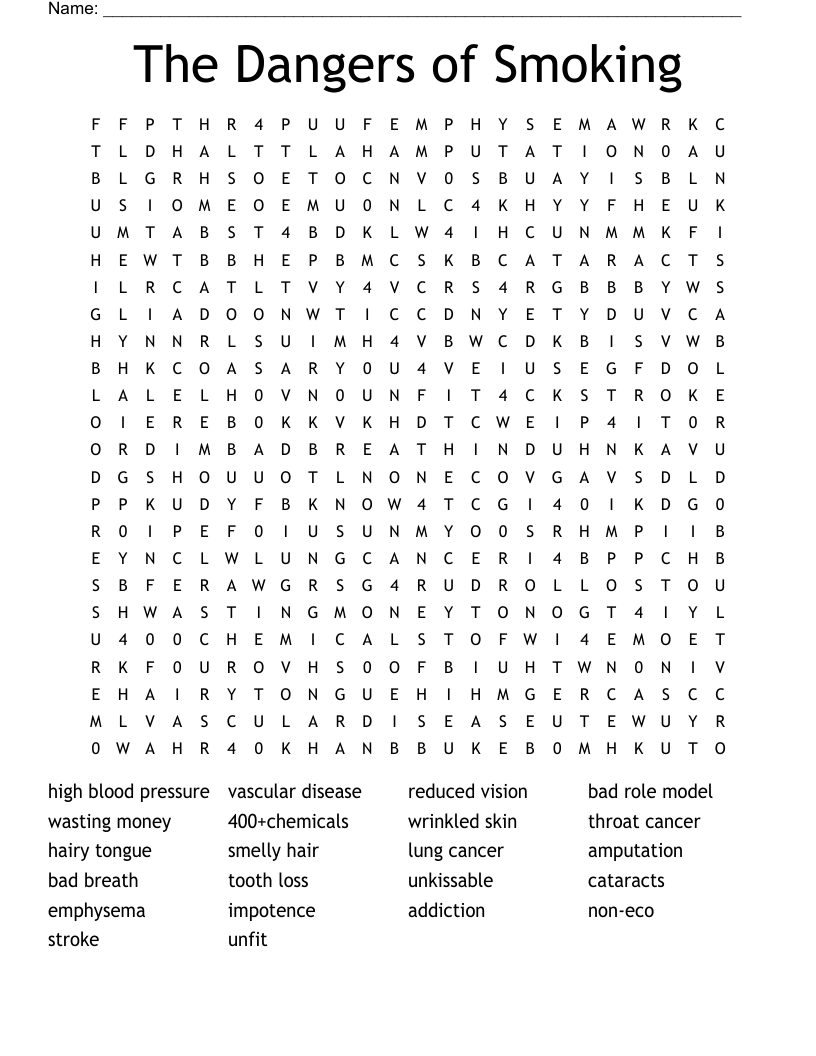 The Dangers of Smoking Word Search