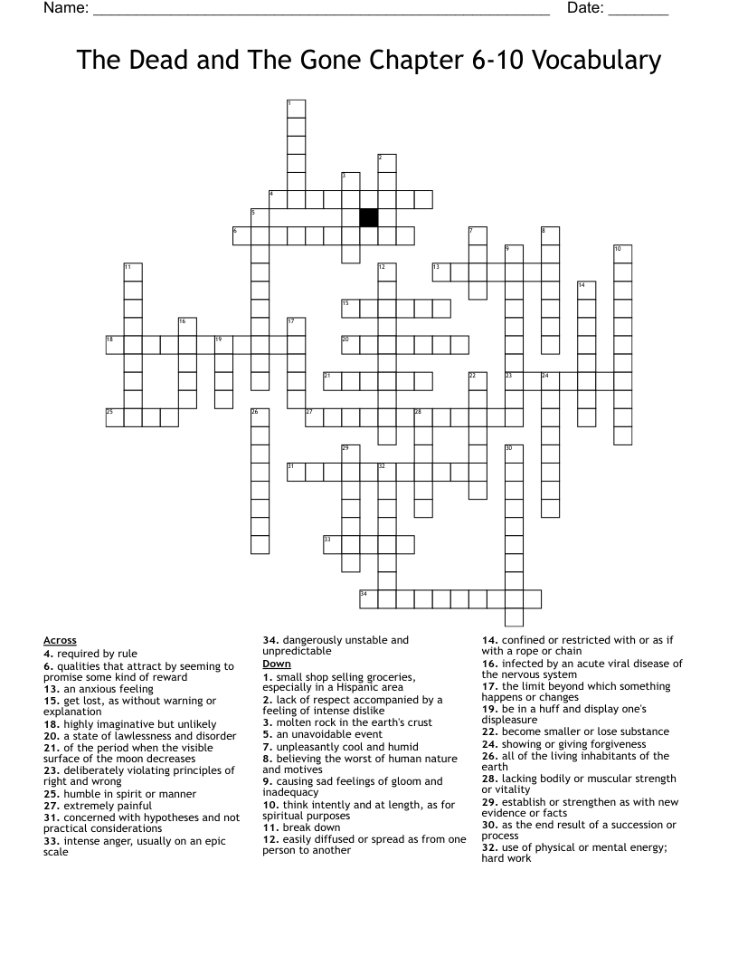 The Dead and The Gone Chapter 6-10 Vocabulary Crossword