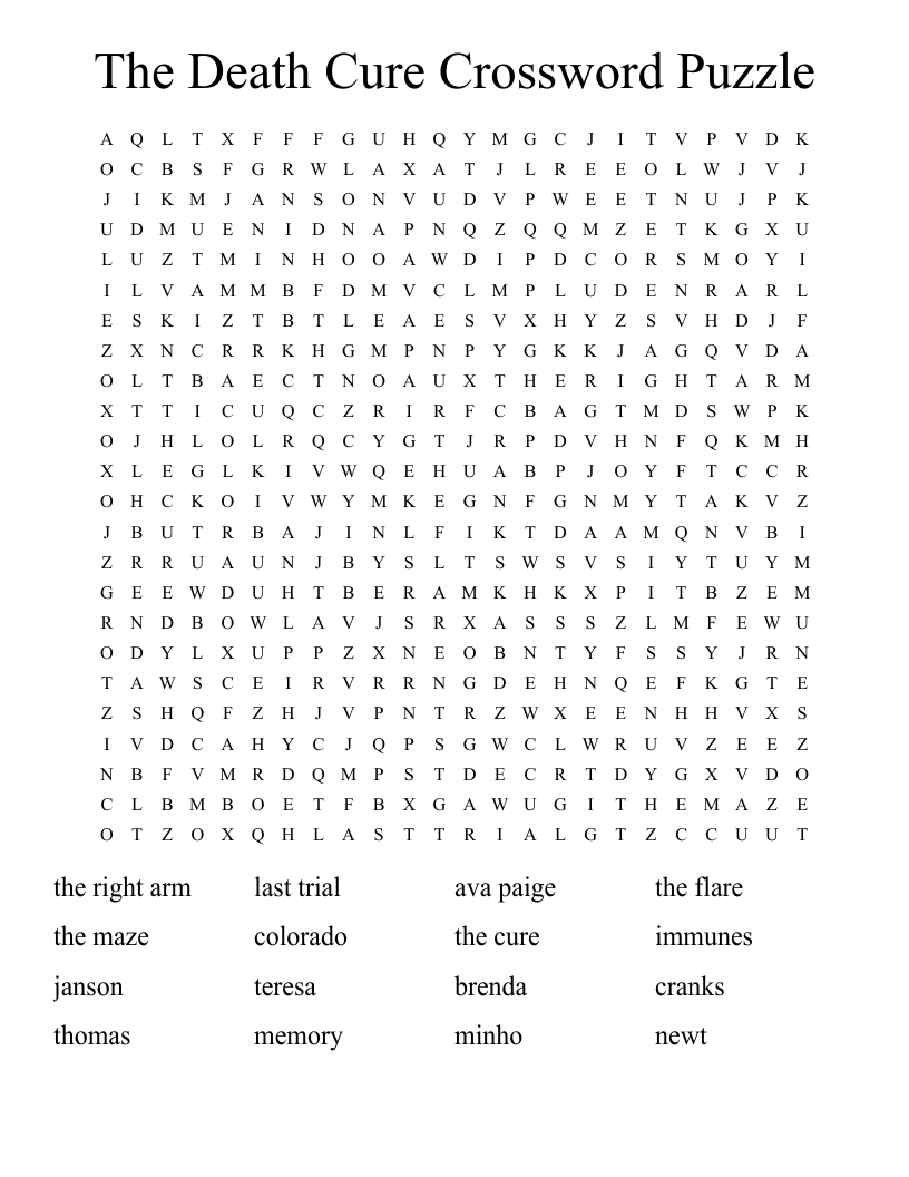 The Death Cure Crossword Puzzle Word Search