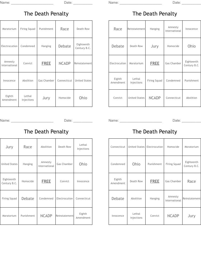 The Death Penalty Bingo Cards