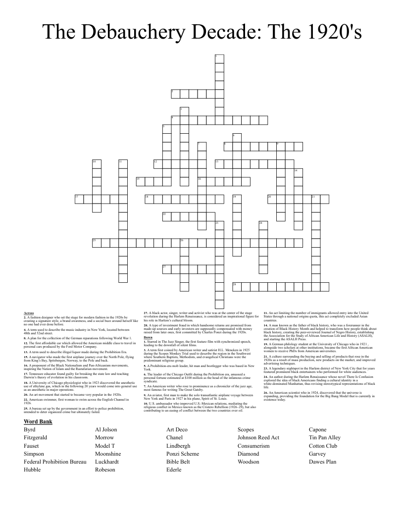 The Debauchery Decade: The 1920's Crossword