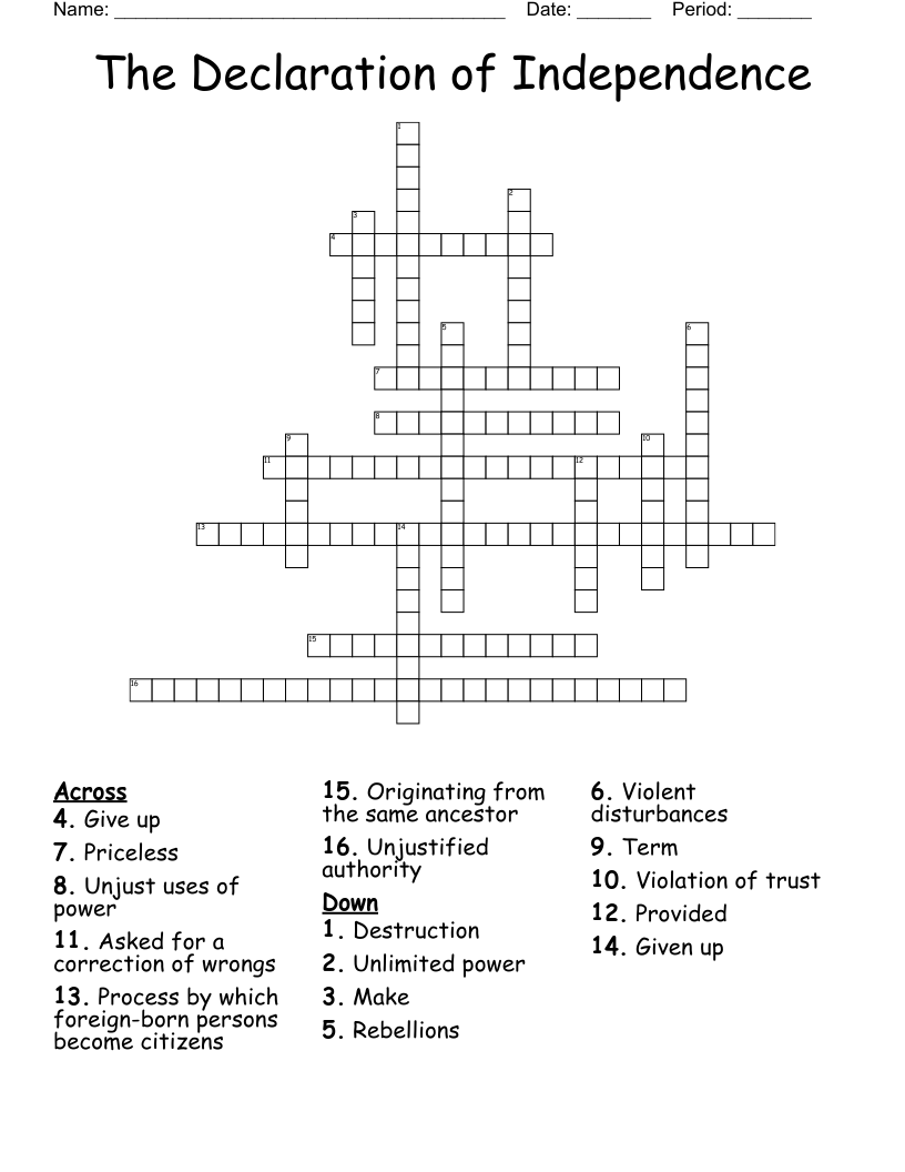 The Declaration of Independence Crossword