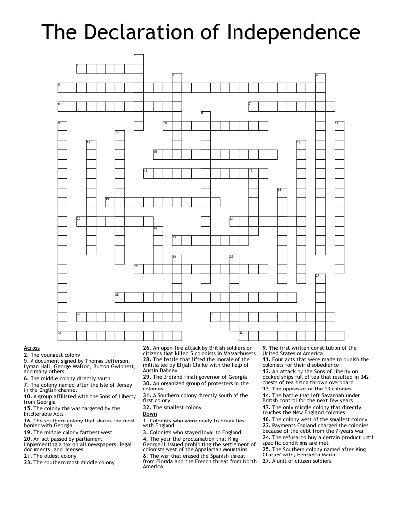 The Declaration of Independence Crossword