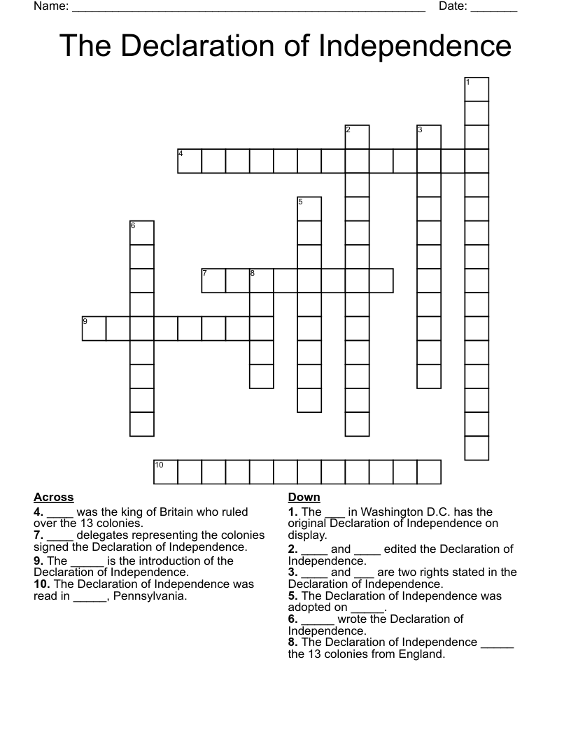 The Declaration of Independence Crossword