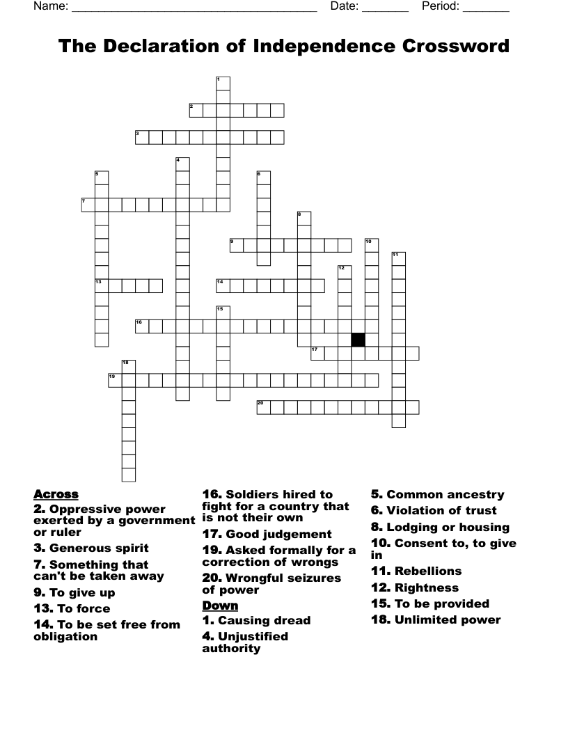 The Declaration of Independence Crossword