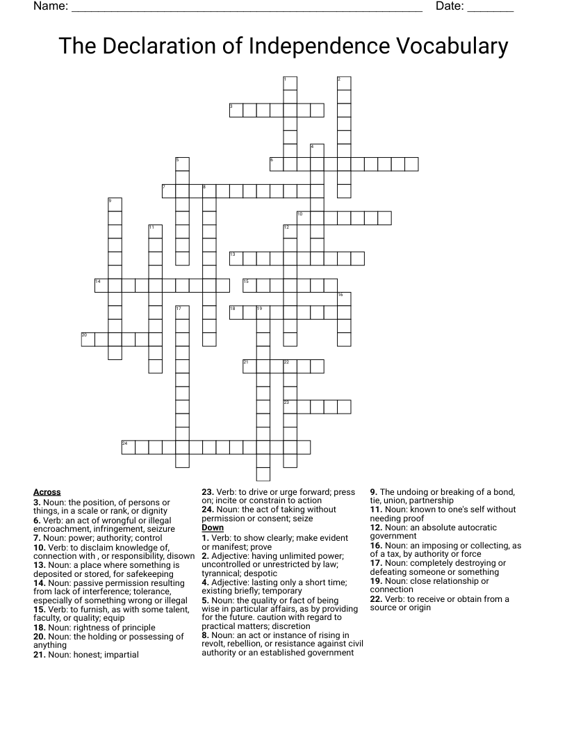 The Declaration of Independence Vocabulary Crossword