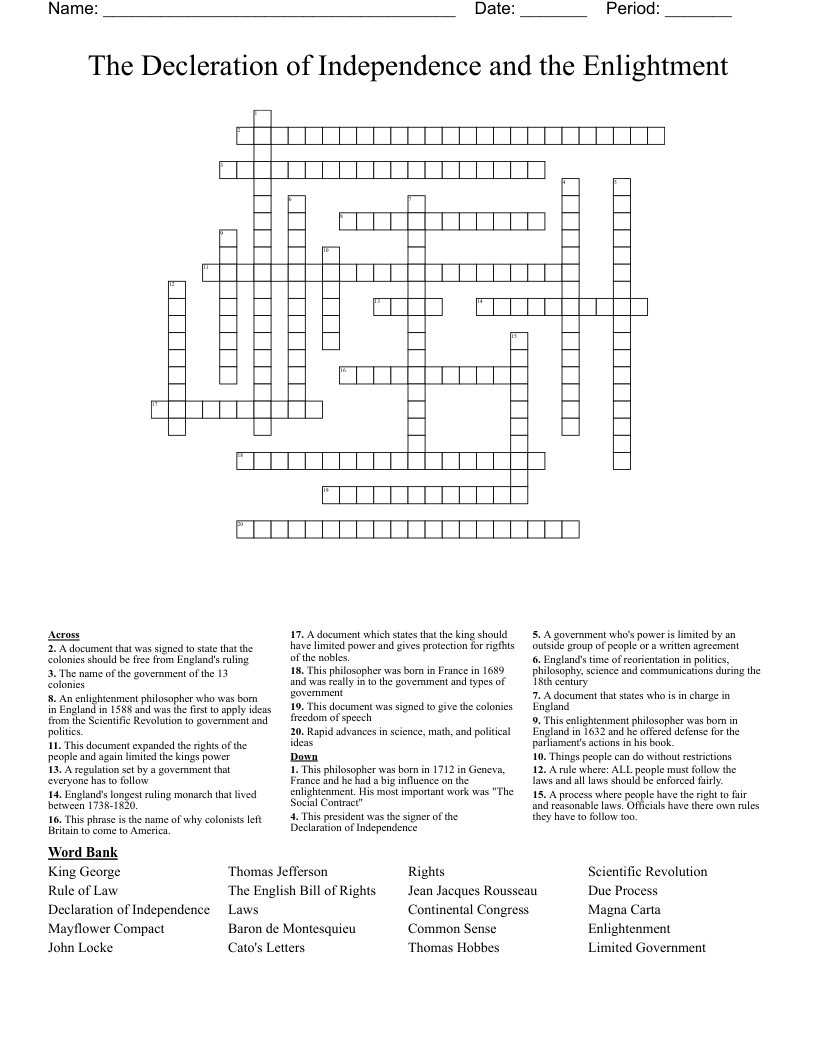The Decleration of Independence and the Enlightment  Crossword