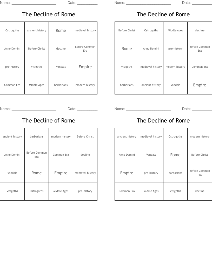 The Decline of Rome Bingo Cards