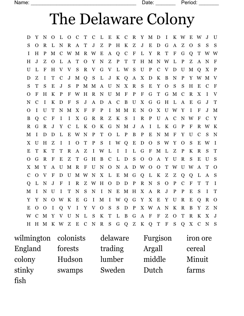 The Delaware Colony Word Search