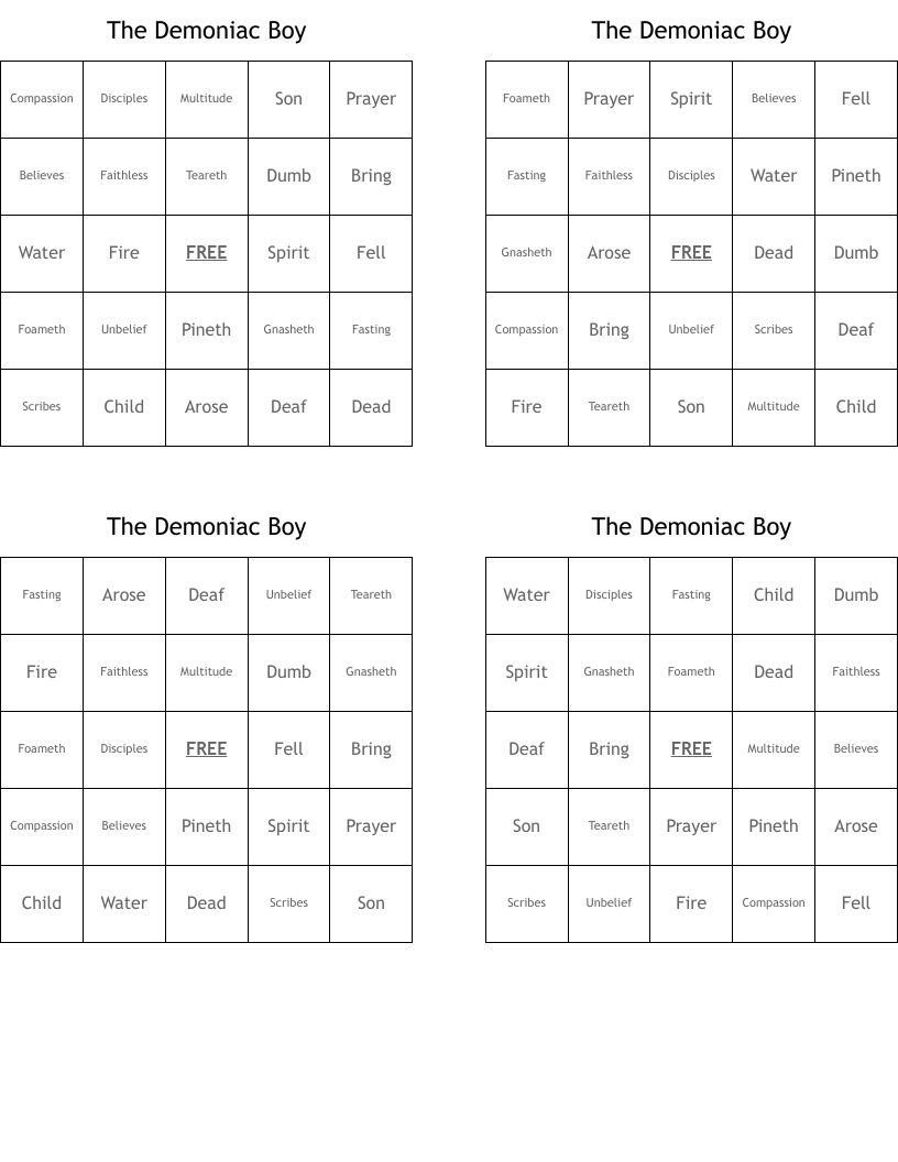The Demoniac Boy Bingo Cards